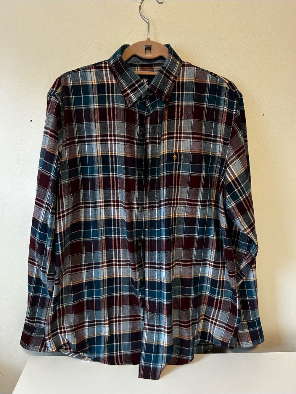 Izod Plaid Button-Down Shirt in Teal and Burgundy
